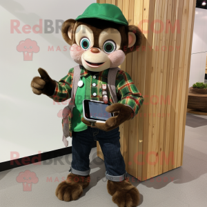 Forest Green Capuchin Monkey mascot costume character dressed with a Flannel Shirt and Smartwatches