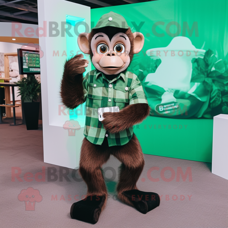 Forest Green Capuchin Monkey mascot costume character dressed with a Flannel Shirt and Smartwatches