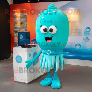 Turquoise Jellyfish mascot costume character dressed with a Flare Jeans and Smartwatches