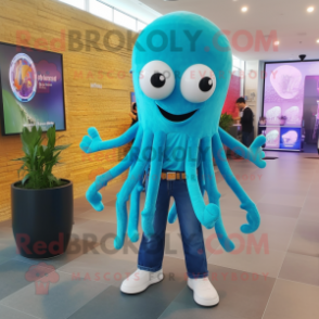 Turquoise Jellyfish mascot costume character dressed with a Flare Jeans and Smartwatches