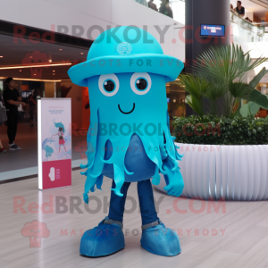 Turquoise Jellyfish mascot costume character dressed with a Flare Jeans and Smartwatches