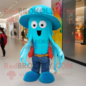 Turquoise Jellyfish mascot costume character dressed with a Flare Jeans and Smartwatches