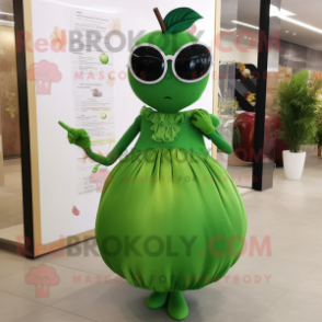 Forest Green Apple mascot costume character dressed with a Ball Gown and Sunglasses