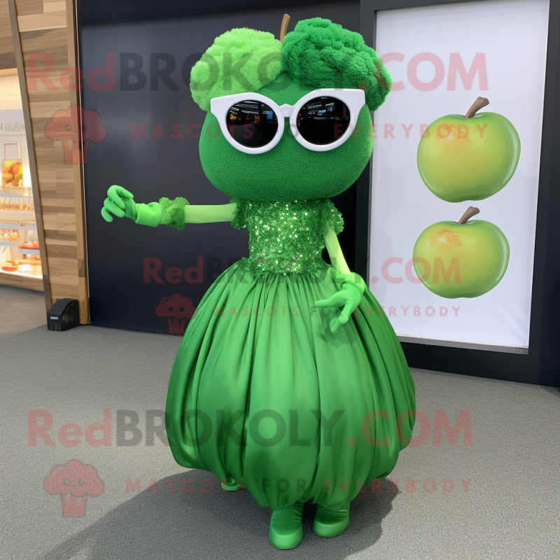 Forest Green Apple mascot costume character dressed with a Ball Gown and Sunglasses Forest Green Apple mascot costume character dressed with a Ball Gown and Sunglasses