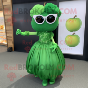 Forest Green Apple mascot costume character dressed with a Ball Gown and Sunglasses