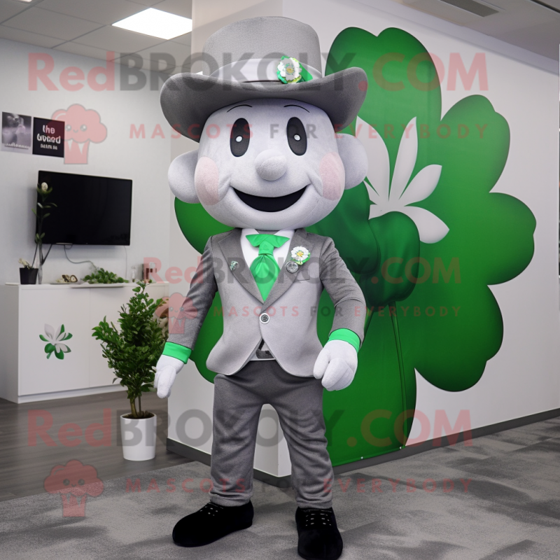 Gray Four Leaf Clover mascot costume character dressed with a Suit Pants and Brooches Gray Four Leaf Clover mascot costume character dressed with a Suit Pants and Brooches