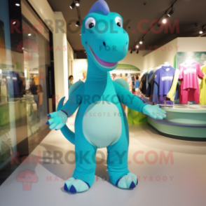 Turquoise Diplodocus mascot costume character dressed with a Romper and Shoe clips