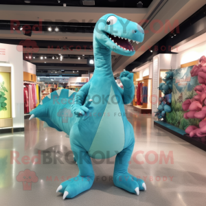 Turquoise Diplodocus mascot costume character dressed with a Romper and Shoe clips