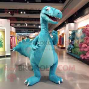 Turquoise Diplodocus mascot costume character dressed with a Romper and Shoe clips