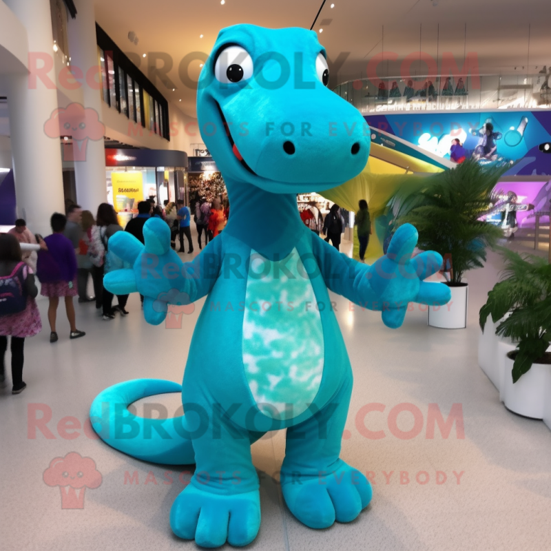 Turquoise Diplodocus mascot costume character dressed with a Romper and Shoe clips