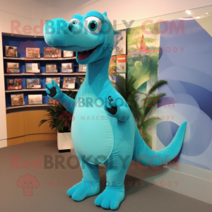 Turquoise Diplodocus mascot costume character dressed with a Romper and Shoe clips