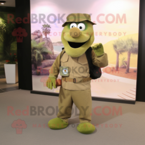 Olive Green Beret mascot costume character dressed with a Maxi Dress and Messenger bags