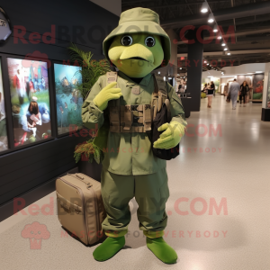 Olive Green Beret mascot costume character dressed with a Maxi Dress and Messenger bags