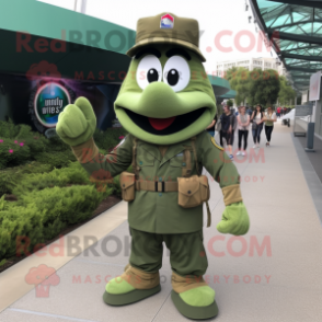 Olive Green Beret mascot costume character dressed with a Maxi Dress and Messenger bags