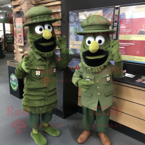 Olive Green Beret mascot costume character dressed with a Maxi Dress and Messenger bags