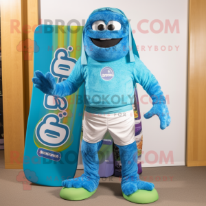 Blue Falafel mascot costume character dressed with a Board Shorts and Belts