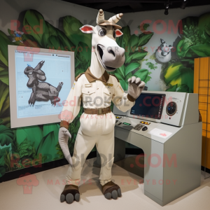 White Okapi mascot costume character dressed with a Jumpsuit and Brooches