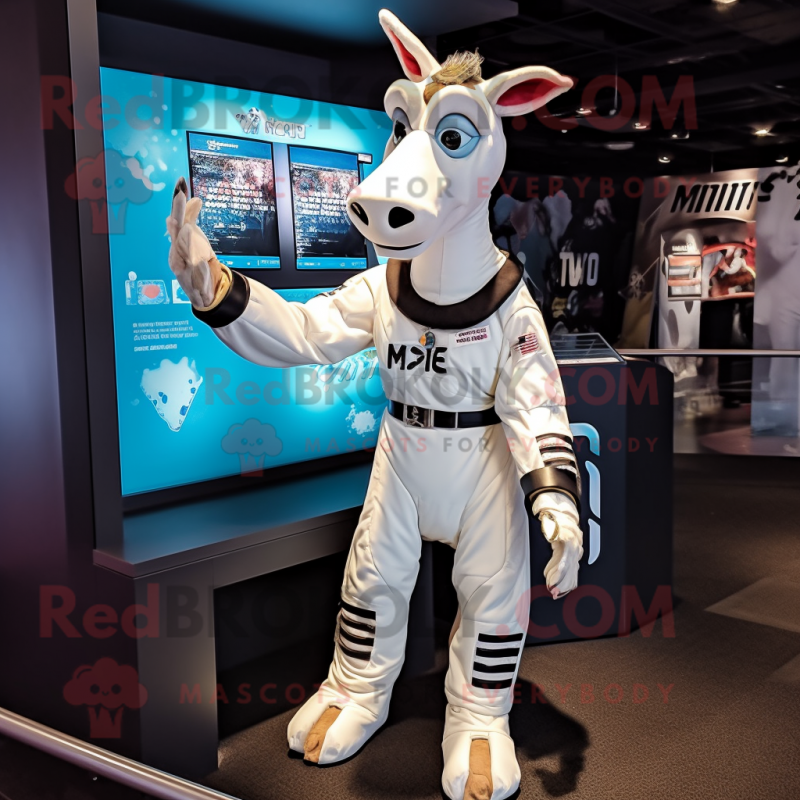 White Okapi mascot costume character dressed with a Jumpsuit and Brooches White Okapi mascot costume character dressed with a Jumpsuit and Brooches