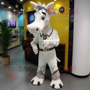 White Okapi mascot costume character dressed with a Jumpsuit and Brooches