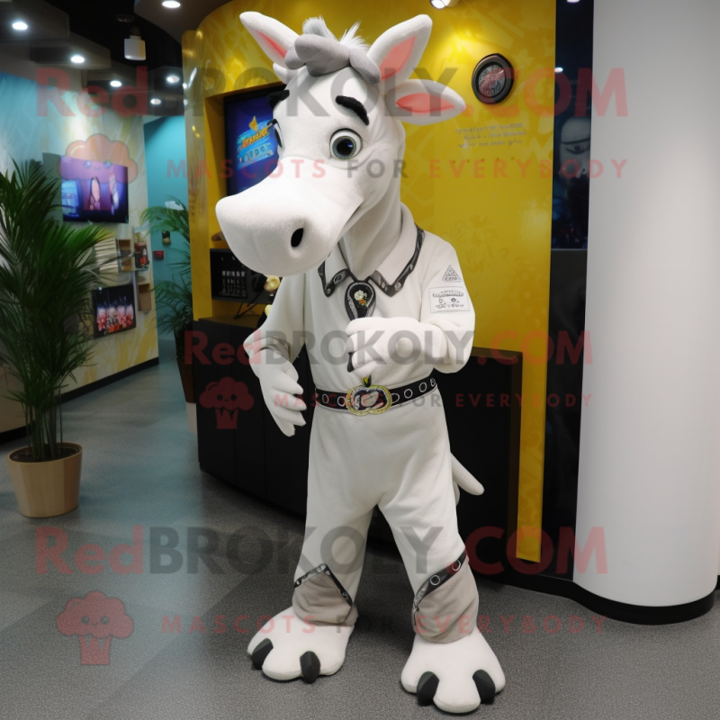 White Okapi mascot costume character dressed with a Jumpsuit and Brooches