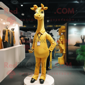 Gold Giraffe mascot costume character dressed with a Sheath Dress and Shoe laces