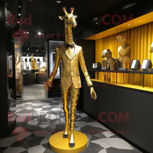 Gold Giraffe mascot costume character dressed with a Sheath Dress and Shoe laces