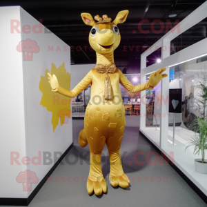 Gold Giraffe mascot costume character dressed with a Sheath Dress and Shoe laces