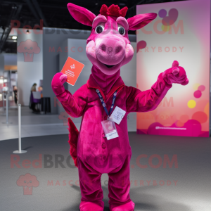 Magenta Giraffe mascot costume character dressed with a Flare Jeans and Pocket squares