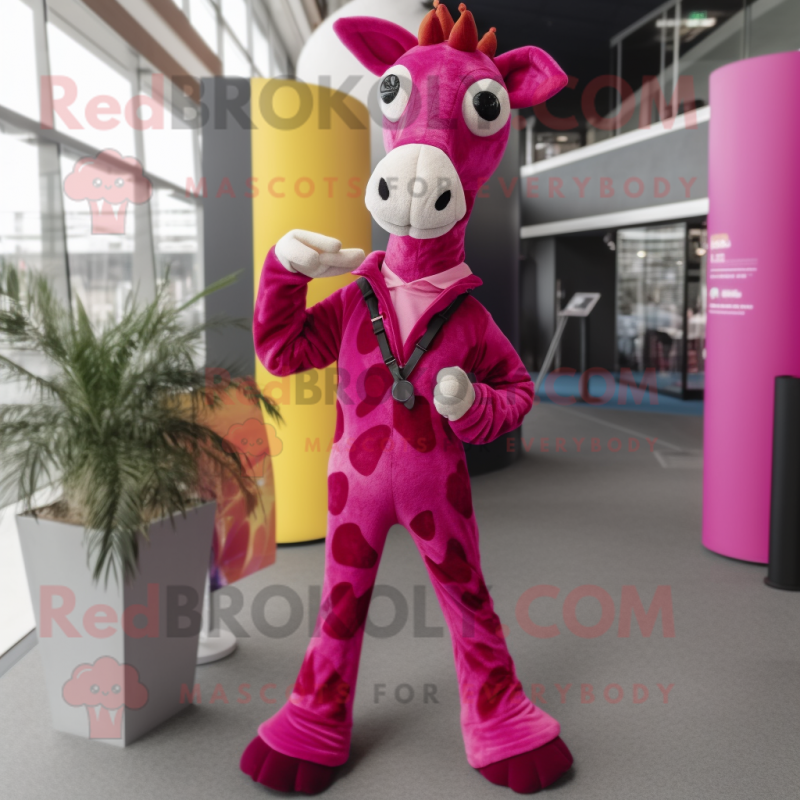 Magenta Giraffe mascot costume character dressed with a Flare Jeans and Pocket squares