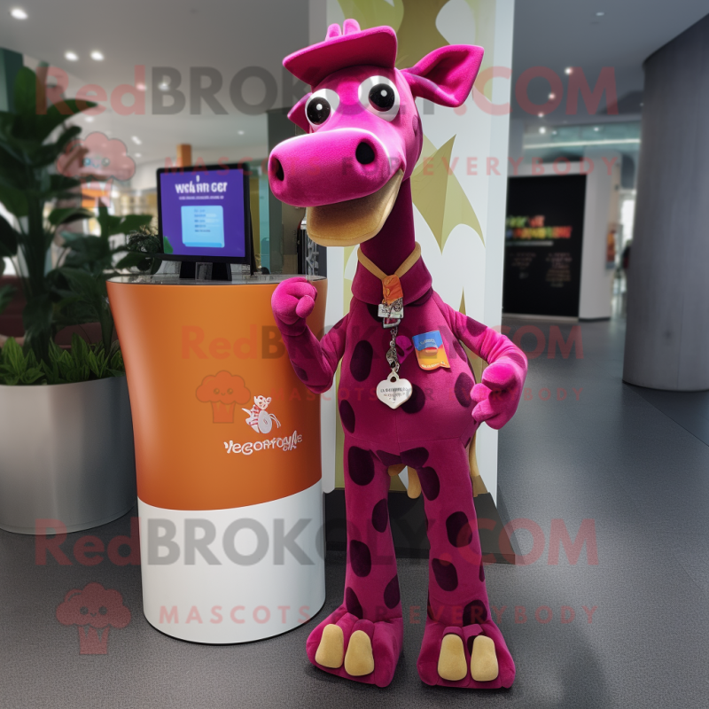 Magenta Giraffe mascot costume character dressed with a Flare Jeans and Pocket squares