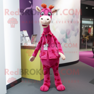 Magenta Giraffe mascot costume character dressed with a Flare Jeans and Pocket squares