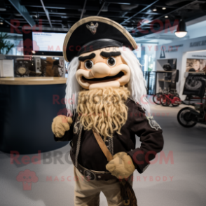 Beige Pirate mascot costume character dressed with a Moto Jacket and Hat pins