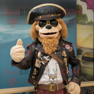 Beige Pirate mascot costume character dressed with a Moto Jacket and Hat pins