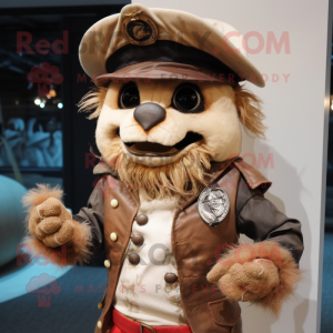 Beige Pirate mascot costume character dressed with a Moto Jacket and Hat pins