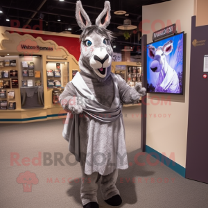 Silver Donkey mascot costume character dressed with a Wrap Dress and Earrings