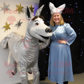 Silver Donkey mascot costume character dressed with a Wrap Dress and Earrings