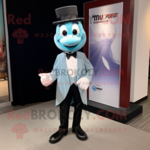 Sky Blue Plum mascot costume character dressed with a Tuxedo and Pocket squares