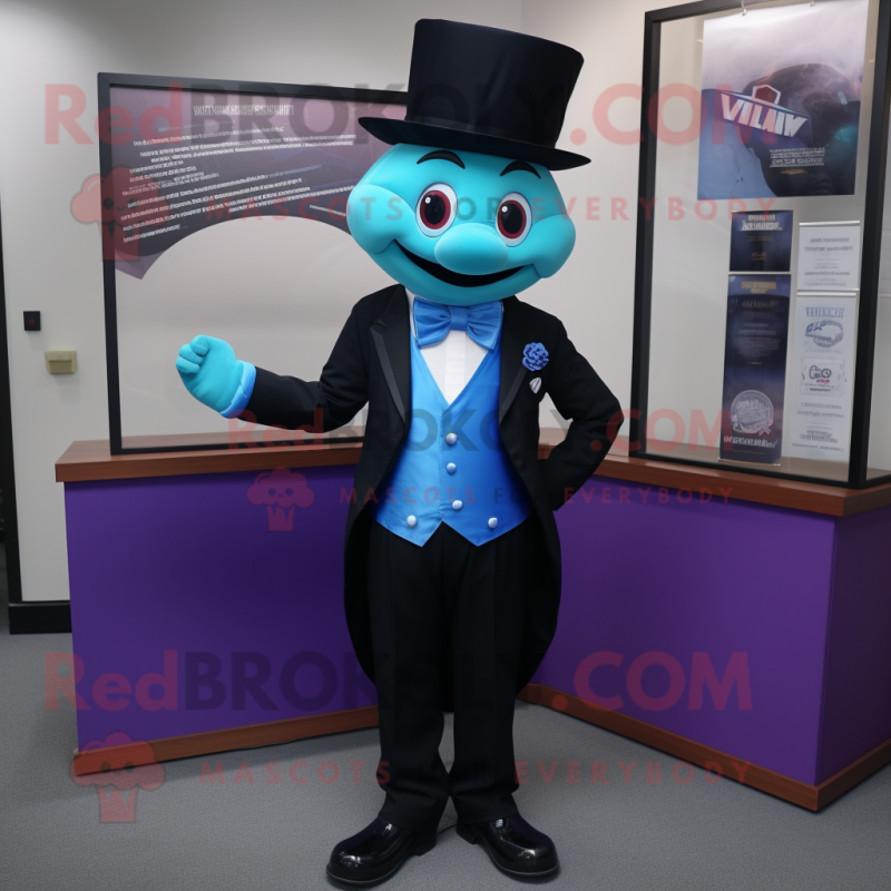 Sky Blue Plum mascot costume character dressed with a Tuxedo and Pocket squares