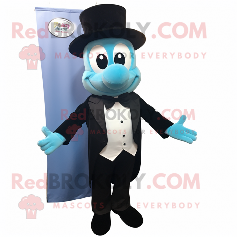Sky Blue Plum mascot costume character dressed with a Tuxedo and Pocket squares Sky Blue Plum mascot costume character dressed with a Tuxedo and Pocket squares