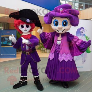 Purple Pirate mascot costume character dressed with a Evening Gown and Watches