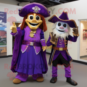 Purple Pirate mascot costume character dressed with a Evening Gown and Watches