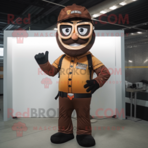 Brown Knife Thrower mascot costume character dressed with a Jumpsuit and Eyeglasses