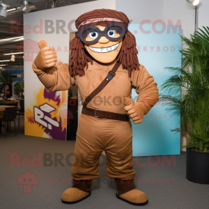 Brown Knife Thrower mascot costume character dressed with a Jumpsuit and Eyeglasses