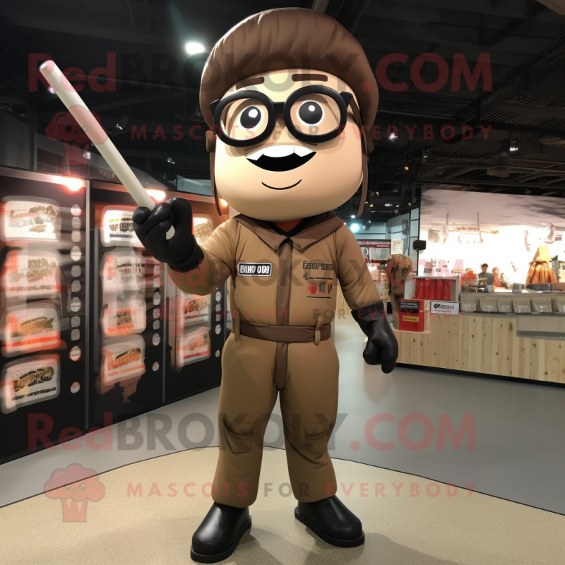 Brown Knife Thrower mascot costume character dressed with a Jumpsuit and Eyeglasses