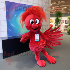 Red Betta Fish mascot costume character dressed with a Leggings and Hair clips