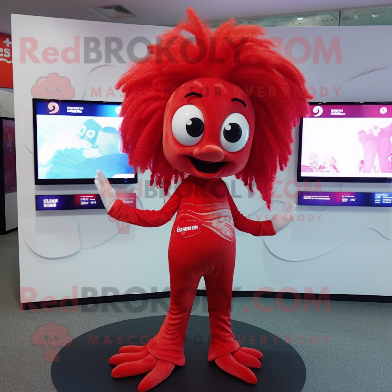 Red Betta Fish mascot costume character dressed with a Leggings and Hair clips Red Betta Fish mascot costume character dressed with a Leggings and Hair clips