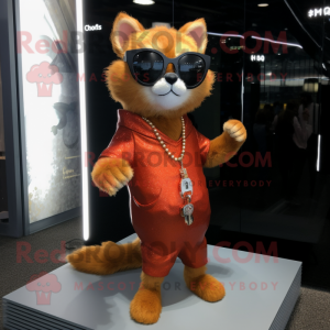 Rust Cat mascot costume character dressed with a Evening Gown and Sunglasses