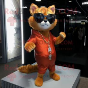 Rust Cat mascot costume character dressed with a Evening Gown and Sunglasses