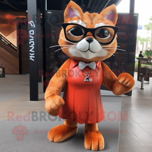 Rust Cat mascot costume character dressed with a Evening Gown and Sunglasses