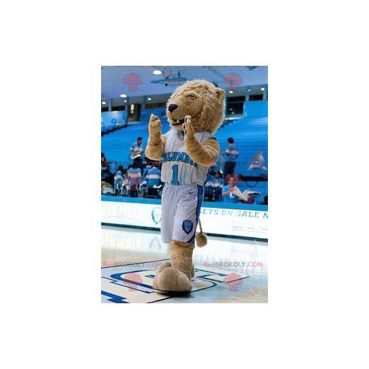 Beige lion mascot in blue and white sportswear - Redbrokoly.com